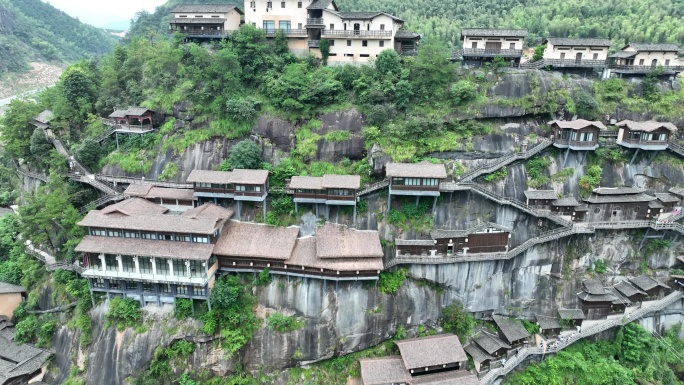 上饶望仙谷航拍山谷古村落古建筑悬崖房屋子