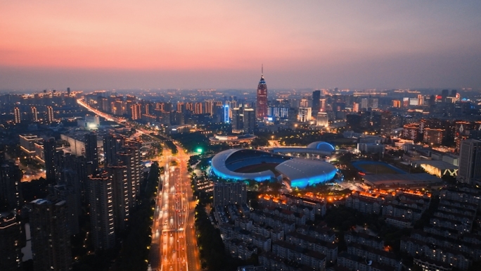 航拍常州城市夜景夜色晚霞