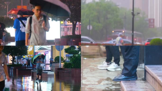 城市夜晚下雨天雨景人流夜景街景撑伞行人_