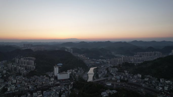 湖南湘西凤凰古城晚霞夜幕降临航拍