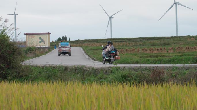 在乡间小路上骑摩托车接送孩子上学