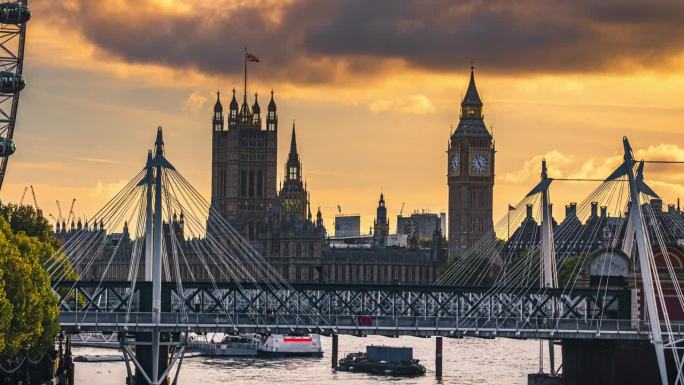英国，英国，日落时分，大本钟、议会大厦和伦敦眼的延时景观