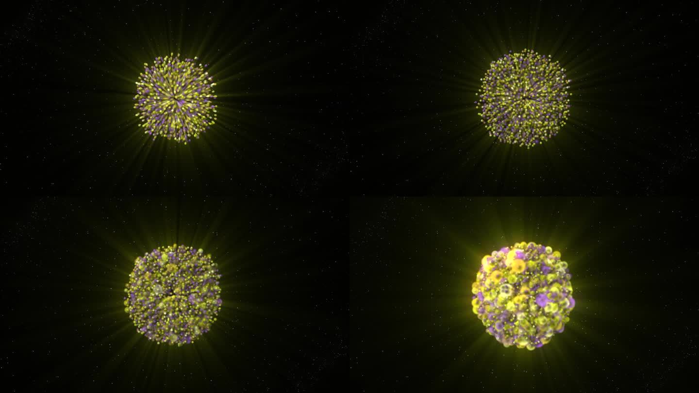 能量螺旋在太空中形成球状。运动。从明亮的螺旋宇宙流发光球。由能量螺旋形成致密宇宙球