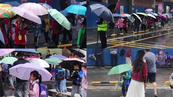 雨天放学小学生放学家长接送校门冒雨伞走路