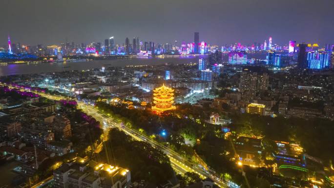 武汉黄鹤楼灯光秀长江边夜景航拍延时4K