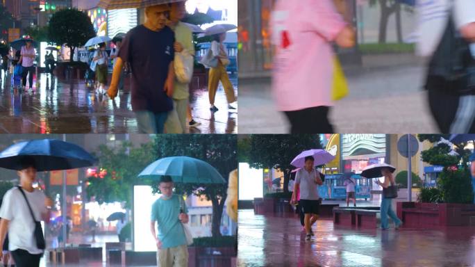 城市夜晚下雨天雨景人流夜景街景撑伞行人_