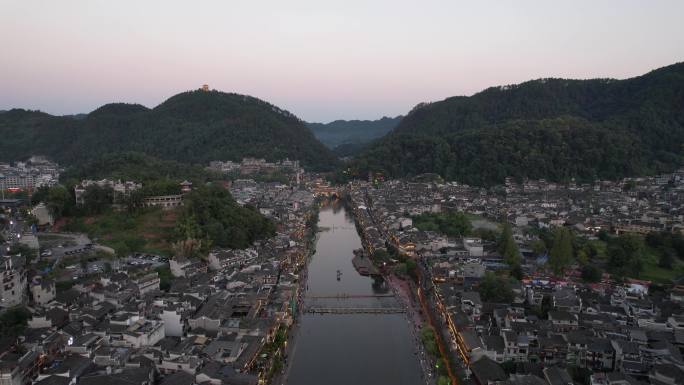 湖南湘西凤凰古城晚霞夜幕降临航拍