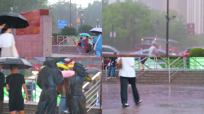 城市夜晚下雨天雨景人流夜景街景撑伞行人_