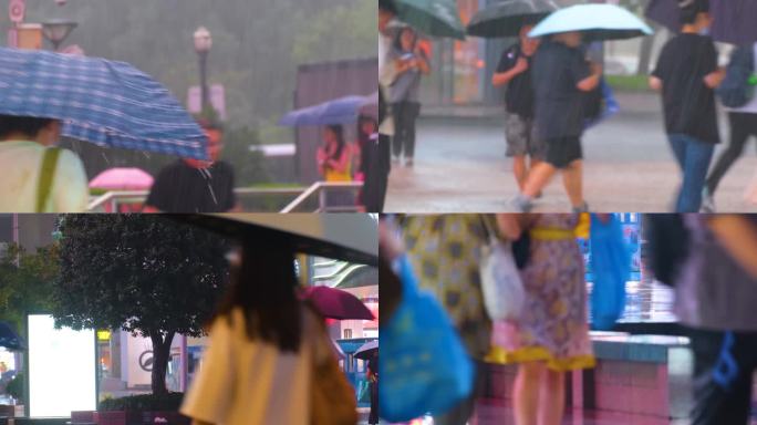 城市夜晚下雨天雨景人流夜景街景撑伞行人_