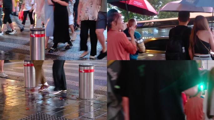 城市夜晚下雨天雨景人流夜景行人过马路街景