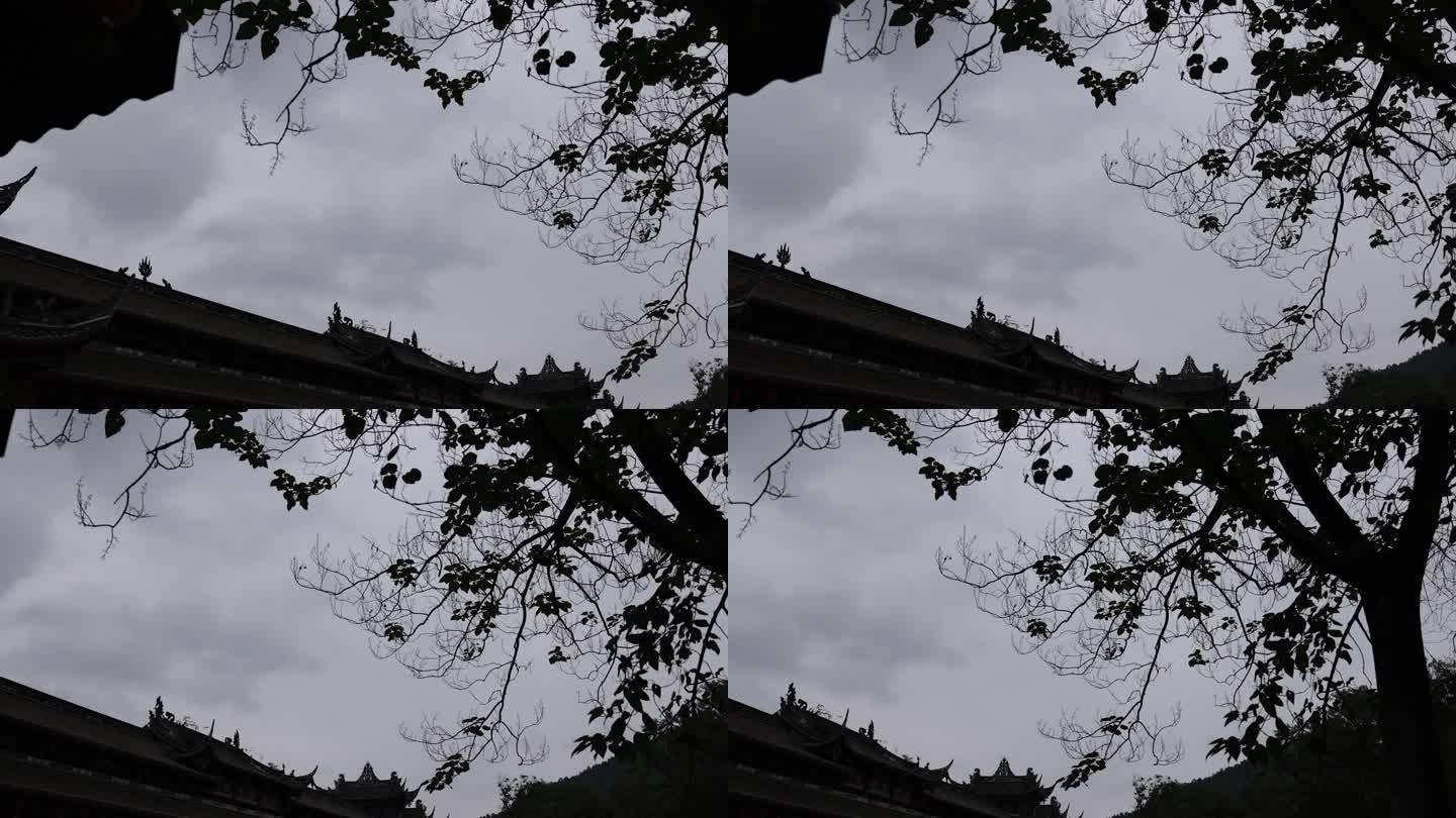 风景区古建筑剪影树木阴天云层房檐天空树枝