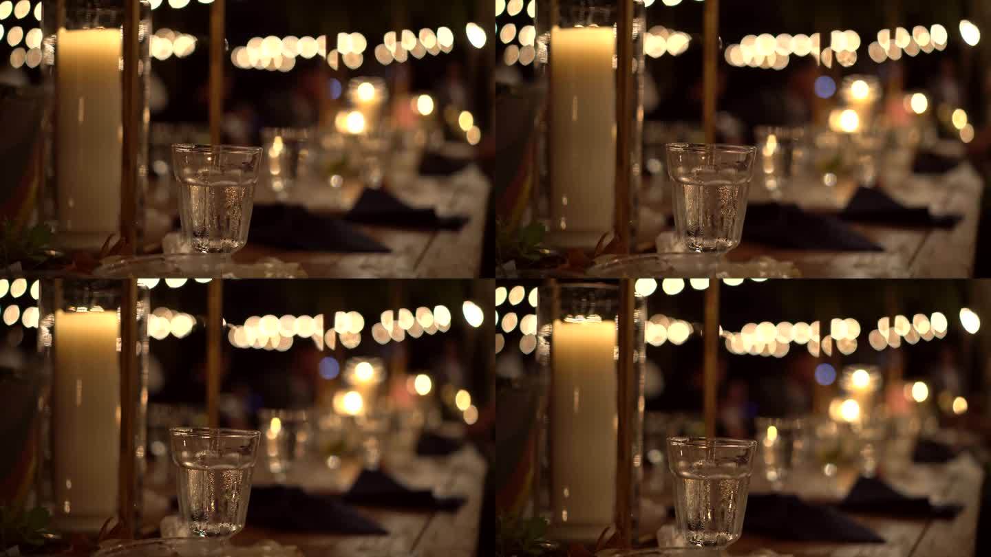 节日聚会庆祝之夜晚餐餐桌晚上浪漫烛光与公园4k