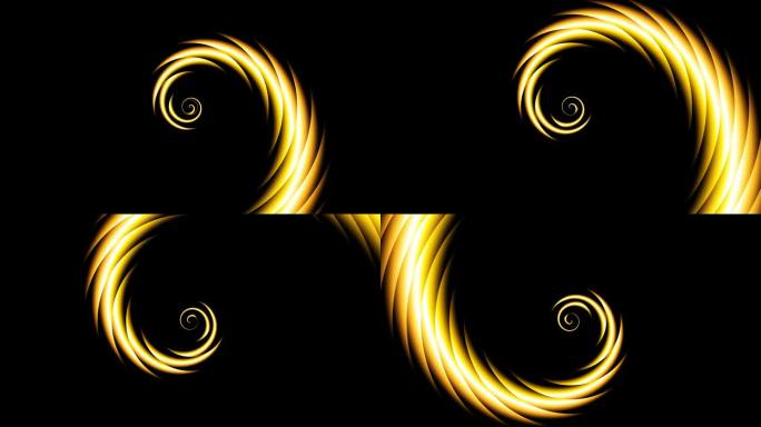 无尽的抽象螺旋。无缝循环镜头。黑色背景上的金色螺旋