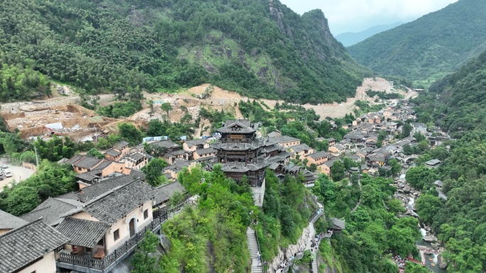 上饶望仙谷航拍山谷古村落古建筑悬崖房屋子