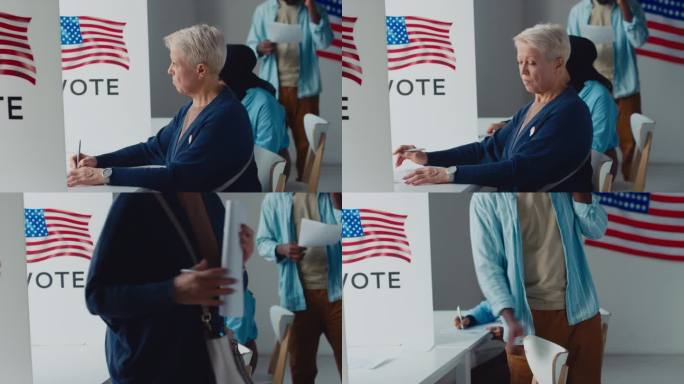 不同的美国公民在投票站填写选票