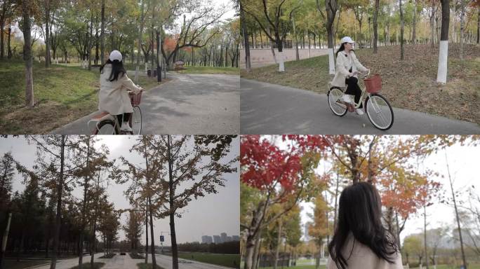秋季公园女孩骑行