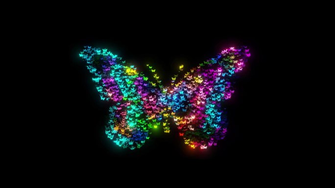 蝴蝶粒子动画。黄油苍蝇标志动画在黑暗的黑色背景。蝴蝶飞行幻想装饰背景。许多蝴蝶在背景上移动的动画