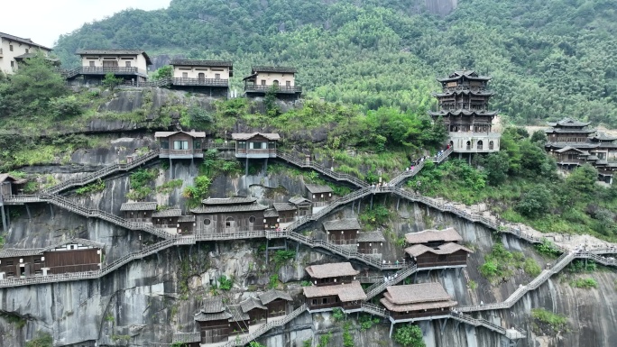 上饶望仙谷航拍山谷古村落古建筑悬崖房屋子