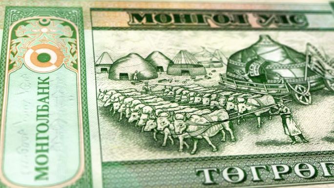 蒙古蒙古图格里克500钞票，500蒙古图格里克，蒙古图格里克的特写和宏观视图，跟踪和多利拍摄500蒙
