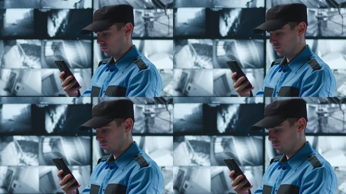 在安全监控中心使用智能手机的男警官