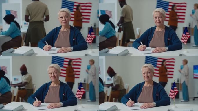 美国投票站白人女性选举工作人员画像
