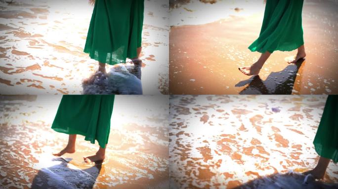 少女赤脚在海边上行走
