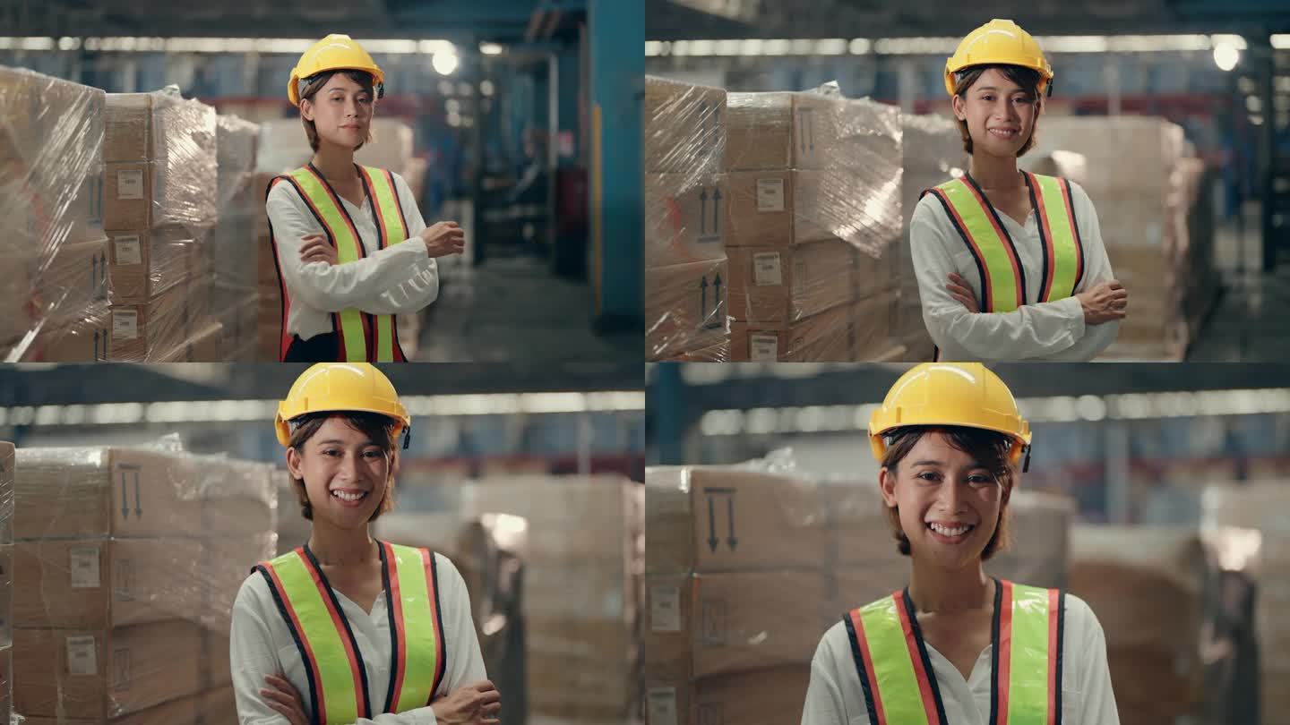 自信的亚洲女性员工在仓库工作场所取得进步
