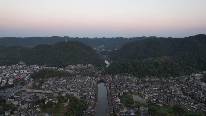 湖南湘西凤凰古城晚霞夜幕降临航拍