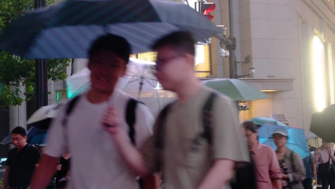 城市夜晚下雨天雨景人流夜景行人过马路街景