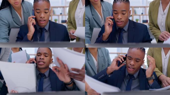 多任务处理，混乱不堪，一个黑人男子在接电话时承受着文书工作、文件和报告带来的压力。公司经理，忙碌的团