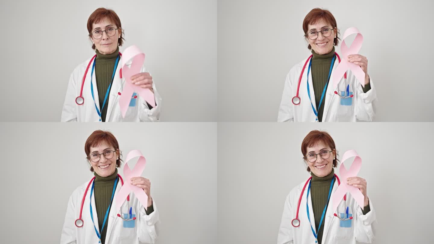 成熟的西班牙女医生手持乳腺癌意识粉红色丝带在孤立的白色背景