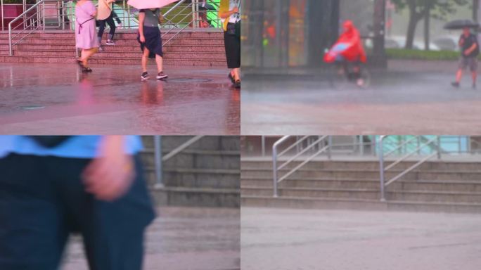 城市夜晚下雨天雨景人流夜景街景撑伞行人_