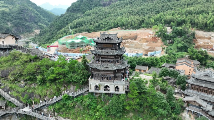 上饶望仙谷航拍山谷古村落古建筑悬崖房屋子