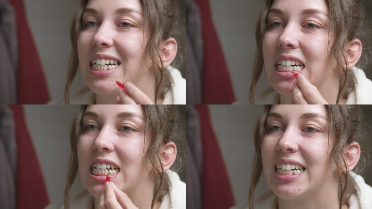 白人妇女用牙间刷清洁牙间间隙。专业的口腔护理。矫正牙齿咬伤