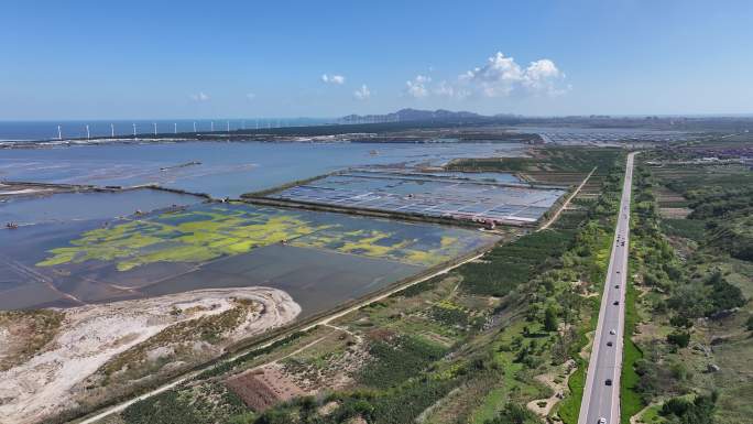 航拍山东荣成港西镇朝阳港南岸盐田秋季风景