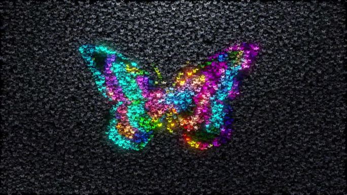蝴蝶粒子动画。黄油苍蝇标志动画在黑暗的黑色背景。蝴蝶飞行幻想装饰背景。许多蝴蝶在背景上移动的动画