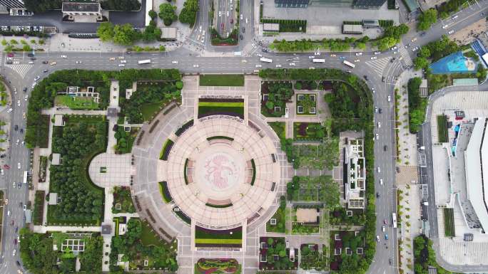 航拍武汉城市地标洪山广场交通道路街景车流