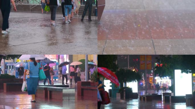 城市夜晚下雨天雨景人流夜景街景撑伞行人_