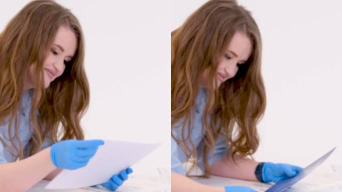 美丽的中年妇女穿着蓝色的衣服，戴着乳胶手套躺在工作室纸文件微笑空间为文字广告帮助培训治疗放松心理心理