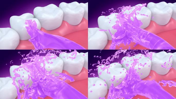 3d动画，漱口水，牙齿，和清洁水液体飞溅