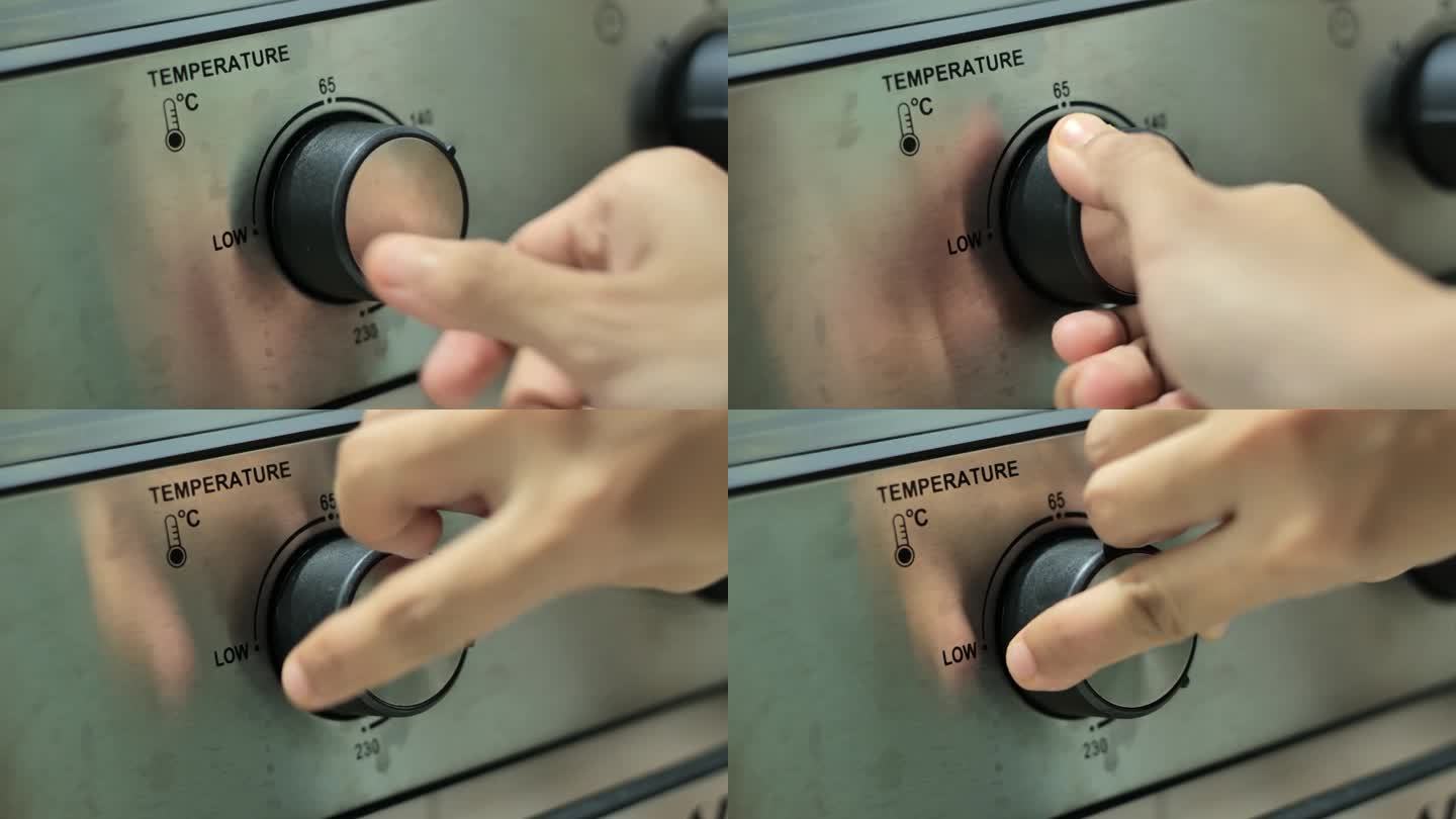 一只手把微波炉的温度旋钮从低温转到高温。用中镜头和手持拍摄。