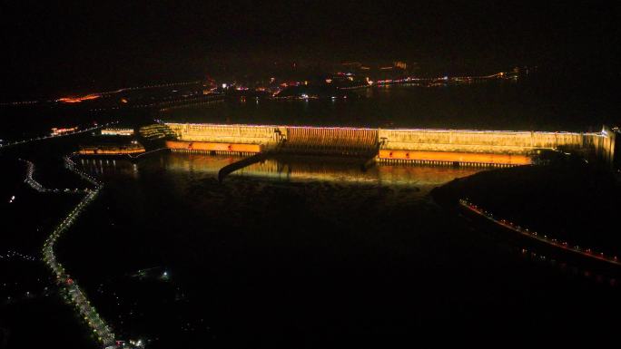 长江三峡大坝水利枢纽工程夜景航拍4K御三