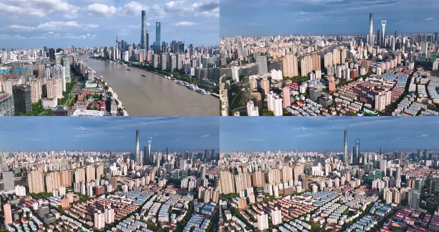 上海外滩黄浦江城市天际线航拍5K御三