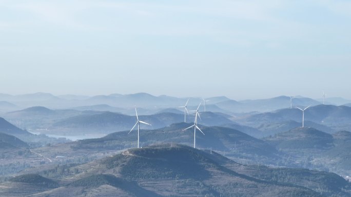 费县风车航拍素材 水墨画清洁能源风力发电