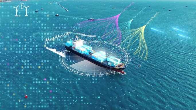 人工智能集装箱船，数据科学和大数据技术用于运输物流航运跟踪。科学家计算，分析和可视化复杂的数据跟踪。