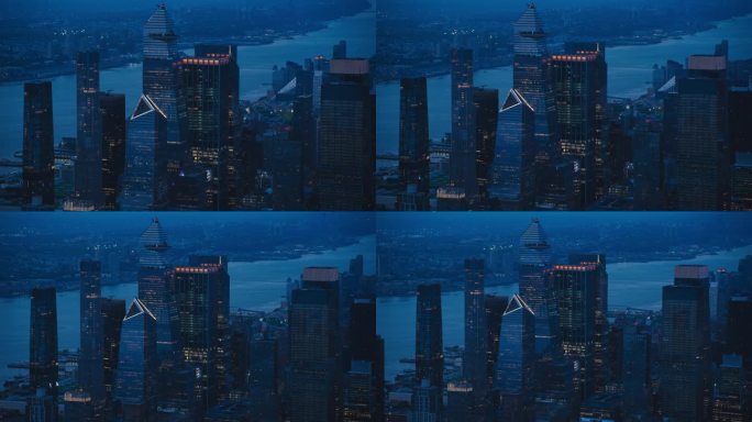 直升机夜间拍摄的曼哈顿天际线，锁定在哈德逊广场30号摩天大楼上，有一个外部观景台。在观景台上欣赏夜景