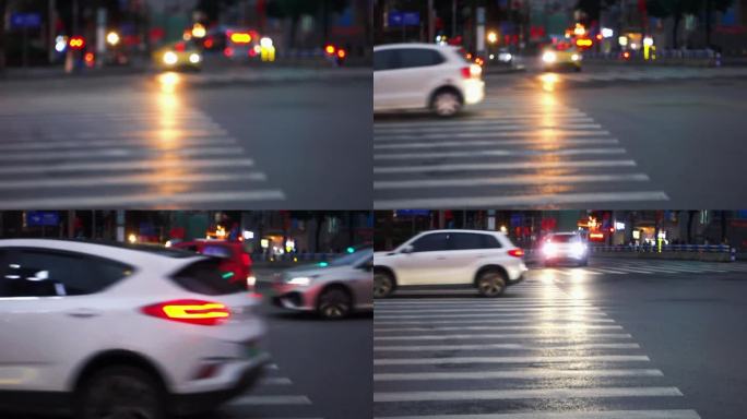 夜晚城市车辆川流不息车斑马线旁霓虹灯闪耀