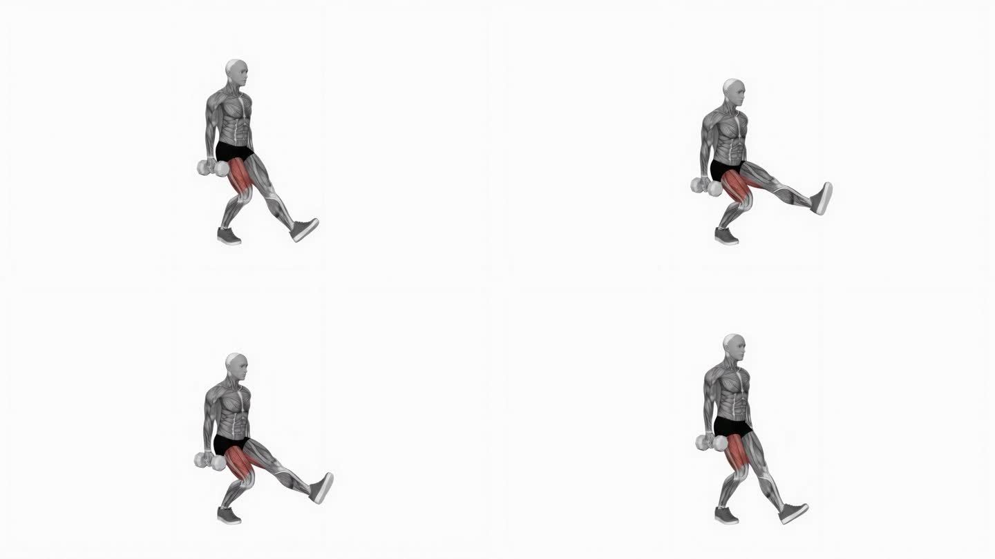 哑铃单腿深蹲健身运动锻炼动画男性肌肉突出演示4K分辨率60 fps