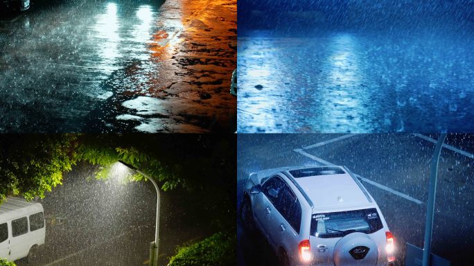 晚上下雨路面街道下雨路灯雨夜暴雨大雨雷雨