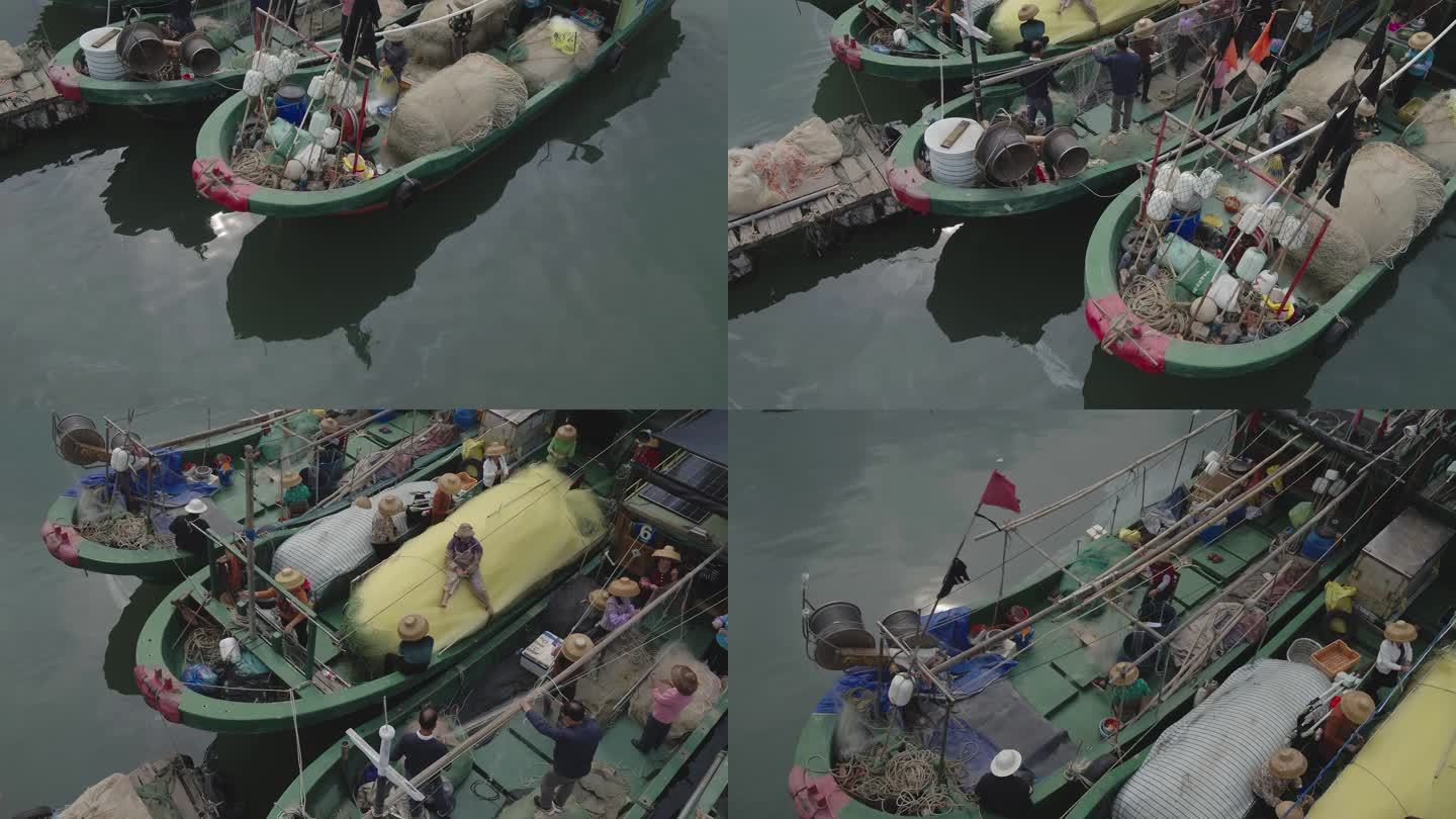 4K M1广东雷州 海上渔民编织渔网航拍